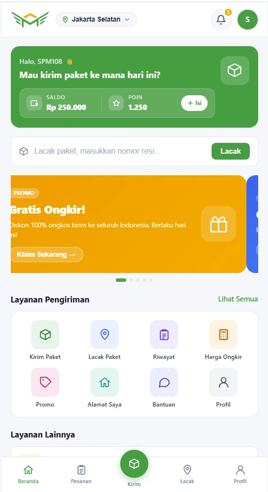 Mars Express app home screen with balance, points and shipping service menu